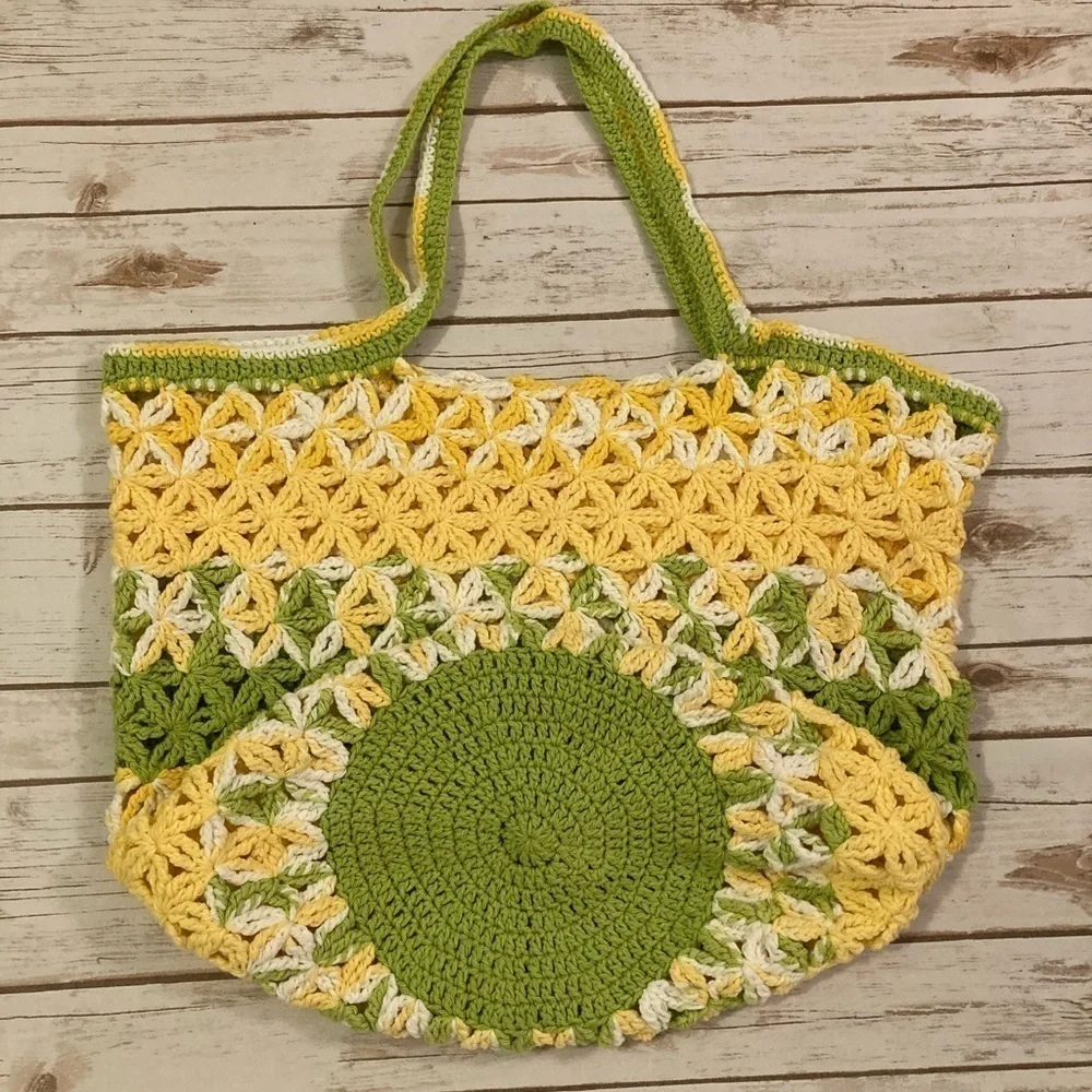 Vintage Handmade Quilt Granny Crotchet Large Crossbody Shopping Bag - Picture 10 of 13